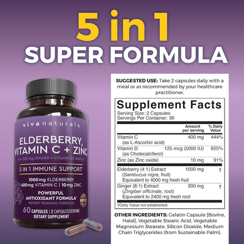 Viva Naturals Sambucus Elderberry with Zinc and Vitamin C for Adults, Vitamin D 5000 IU and Ginger - Immune Support Supplement, 60 Count - Black D...