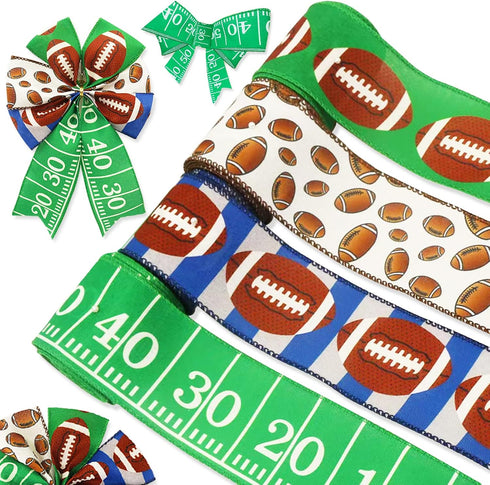 Football Wired Edge Ribbon, 20 Yards 2.5 Inch Sports Burlap Ribbon, Rolls Ball Pattern Ribbons, Green Brown Wired Ribbon for DIY Present Wrapping ...