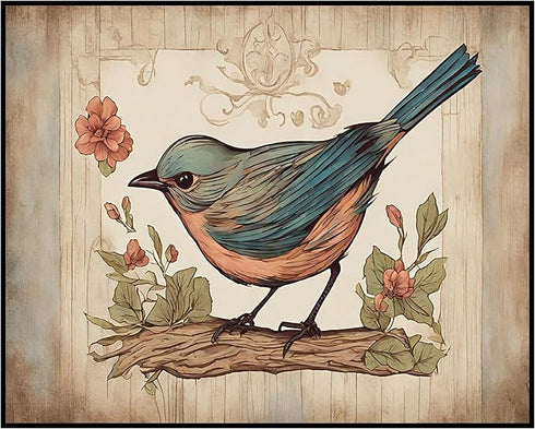 Posterizer 1 pcs- Blue and Orange bird on a tree with a rustic background-Art for Animal Lovers-Floral Botanical Art- Gift for Men Women -Living R...