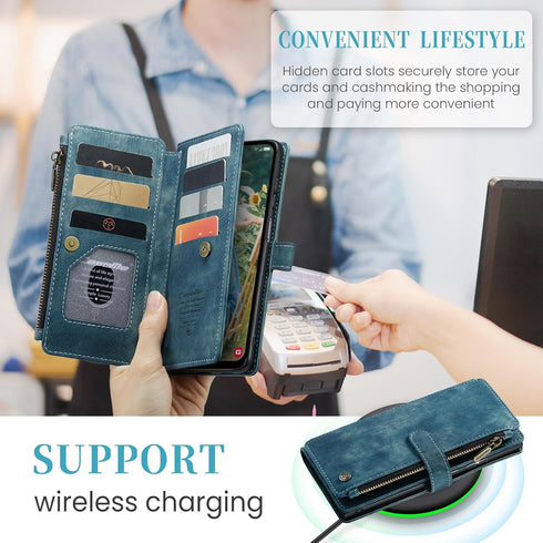 Samsung Galaxy A15 5G Wallet Case with Card Holder Kickstand Magnetic Zipper Pocket Lanyard Strap Wristlet,Leather Flip Case Wallet for Samsung Ga...