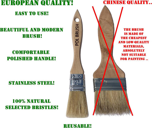 Set of 2 1 inch European Professional Flat Paint Brushes - Natural Bristle Wooden Handle - for Acrylic, Chalk, Oil, Watercolor, Gouache, Stain, Va...