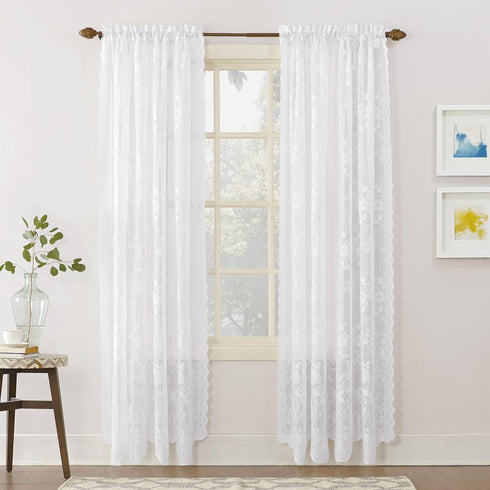 No. 918 Alison Floral Lace Sheer Rod Pocket Curtain Panel, 58" x 72", White...