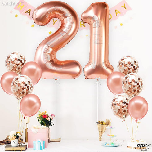 KatchOn, Big Rose Gold 21 Balloon Number - 40 Inch, 21th Birthday Decorations for Girls | Rose Gold Number 21 Balloon with Confetti Balloons | 21t...