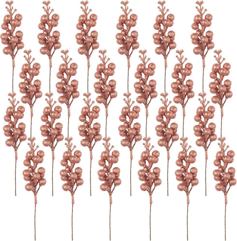 Crafare 24 Pack Rose Gold Christmas Glitter Berries Stems Artificial Christmas Picks for Christmas Tree Ornaments Wreath, Crafts, Holiday and Home...