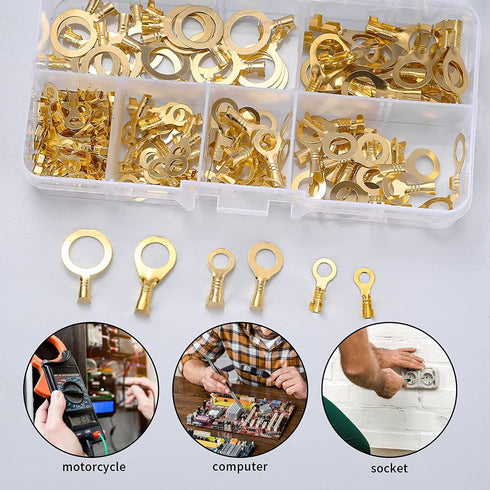 160 Pcs Copper Ring Terminals, M3/M4/M5/M6/M8/M10 Brass Wire Connectors, Open Barrel Wire Ring Cable Lugs Crimp Kit, Brass Copper Ring Crimp Cable...