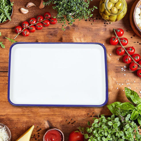 Ciieeo Enamelware Collection Blue Rim Solid White Enamel Baking Cookie Sheet Pan 26x18cm Enamel Baking Roasting Pan Tray Rectangular Serving Dish ...