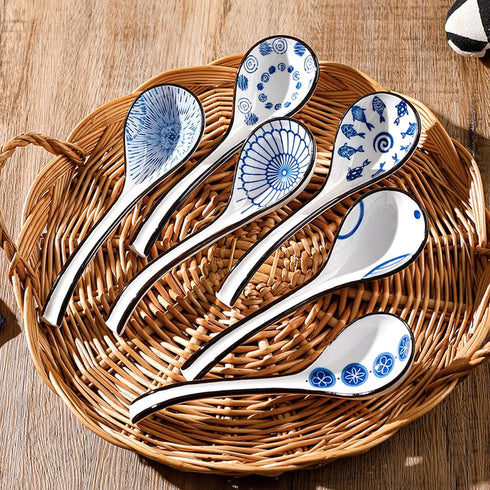 6 Pcs Asian Soup Spoons, Ceramic Soup Spoon Set, 6.5-inch Long Handled Soup Spoons with Non-slip Bottom, Japanese Style Soup Spoons for Ramen, Noo...