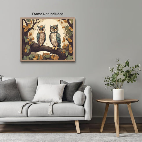 Posterizer 1 pcs- Two blue and white owls sitting on a tree in Autumn-Art for Animal Lovers-Floral Botanical Art- Gift for Men Women Teens-Living ...
