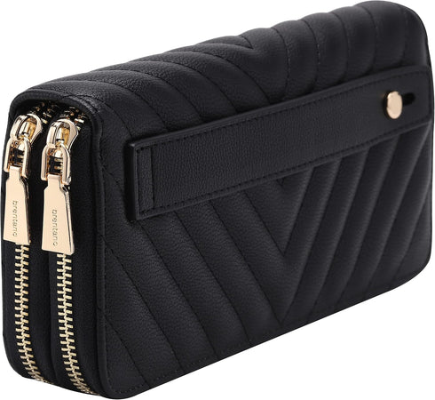 B BRENTANO Vegan Leather Double Zipper Pocket Wallet with Grip Hand Strap (Chevron Embroidered Black)...