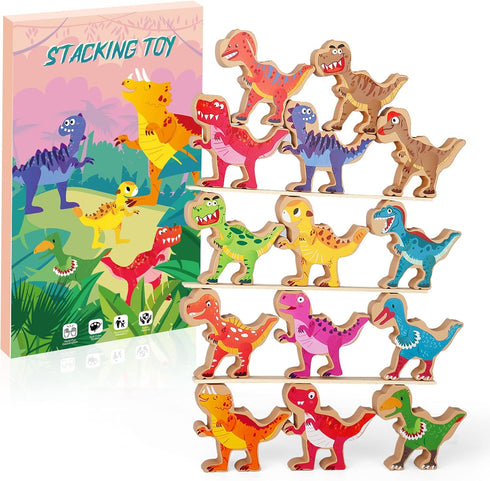 14-Piece 3-Inch Wooden Dinosaur Stacking Toys for Kids 3-7, STEM Educational Party Favors...