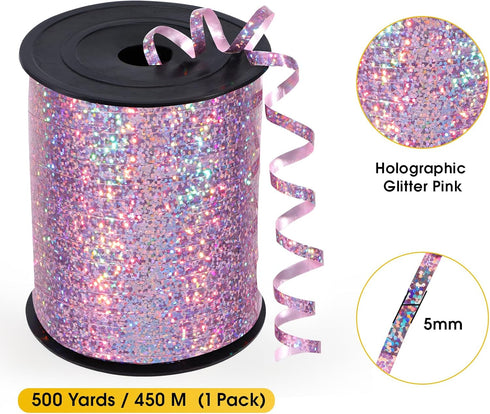 Pink Curling Ribbon, 500 Yard Pink Ribbon, Shiny Metallic Curling Ribbon for Gift Wrapping, Balloon Ribbon, Balloon String, Laser Thin Ribbon, Cur...