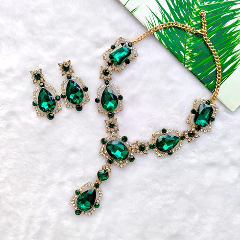 Indian Gold Green Jewelry Sets for Women - Chunky Emerald Dark Green Rhinestone Statement Bib Gold Earrings and Necklace Set Costume Jewelry for W...