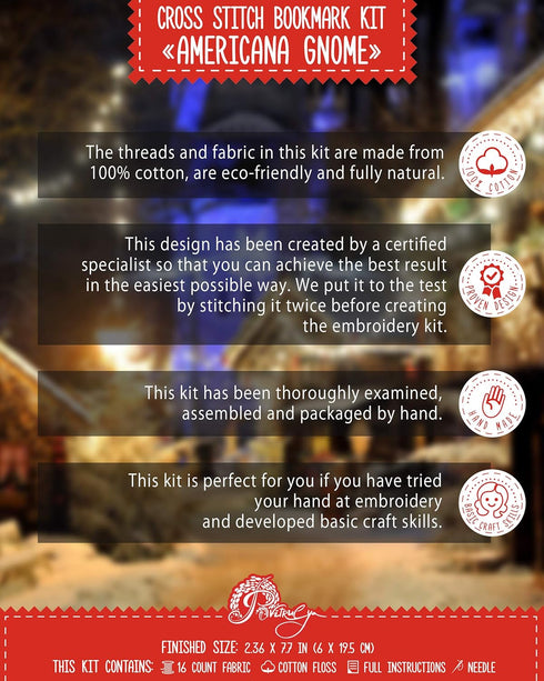 Povitrulya Counted Cross Stitch Bookmark Kit for Adults 'American Gnome' - DIY Embroidery Gift for Veterans day...