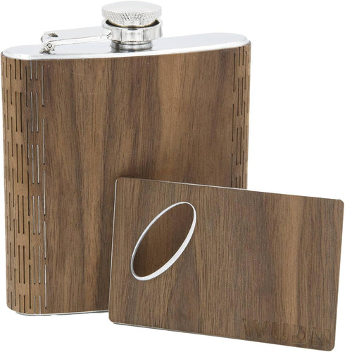 Real Wood 6 oz. Hip Flask AND Matching Credit Card Bottle Opener, Black Walnut...