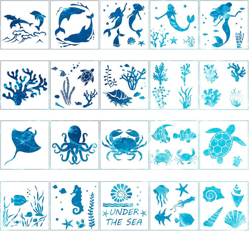 20 Pieces Sea Ocean Creatures Stencils Animal Painting Stencils Mermaid Seahorse Jellyfish Stencil Templates for DIY Crafts Scrabooking Painting o...