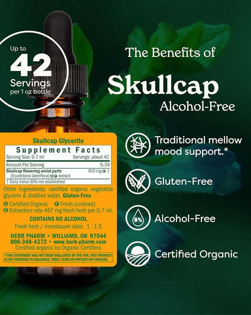 Herb Pharm Certified Organic Skullcap Liquid Extract for Nervous System Support, 1 Fl Oz...