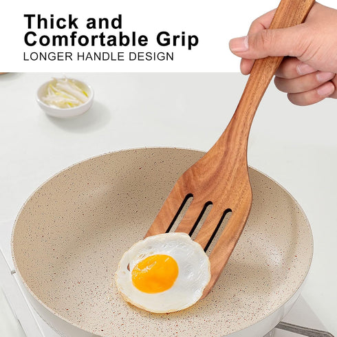 Best Wooden Spatula for Cooking Non Stick Kitchen Utensils Teak Wood Spatula Set of 4 Flat Slotted Turner Spatula for Baking Mixing Scraping Fish ...