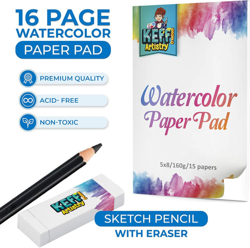 KEFF Watercolor Paint Set for Kids - 36 Water Colors Art Supplies Painting Kit with Brushes, Refillable Brush Color Pens, Paper Pad, Pencil and Er...