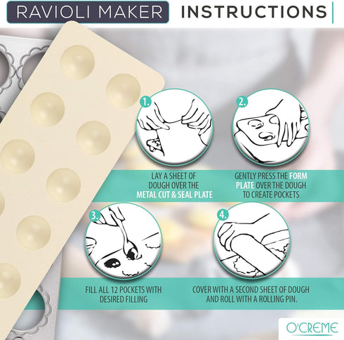 O’Creme Ravioli Maker for 12 Circles Each 1-7/8 Inch (Including Edges), with Non-Stick-Coated Metal Cutting Tray...