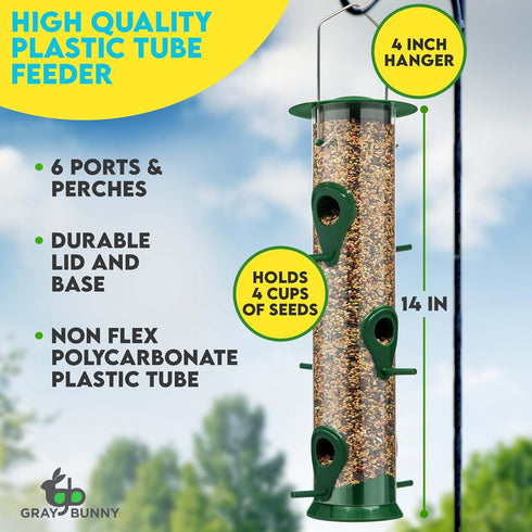 Gray Bunny 14 Inches Tube Bird Feeders for Outdoors Hanging, 6 Feeding Ports, Hard Plastic Bird Feeder Outdoor Weatherproof and 4 Inch Steel Hange...