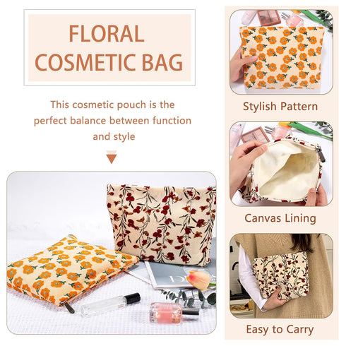 2Pcs Daisy Flower Makeup Bag Travel Cute Cosmetic Bags for Women Large Floral Makeup Pouch Zipper Cosmetic Pouch Set for Purse Aesthetic Corduroy ...
