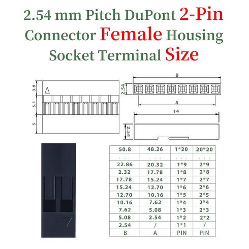 50 Sets Dupont 2.54 mm Pitch 2-Pin Female Adapter Cable Connector Accessories. 150 Pieces 2.54 mm Pitch Dupont 2-Pin Adapter Connector Female Hous...