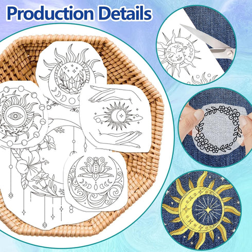 GLOBLELAND 4 Sheets Sun and Moon Pattern Water Soluble Hand Sewing Stabilizers for Fabric Embroidery Stitch Practice Embroidery Stickers Wash Away...