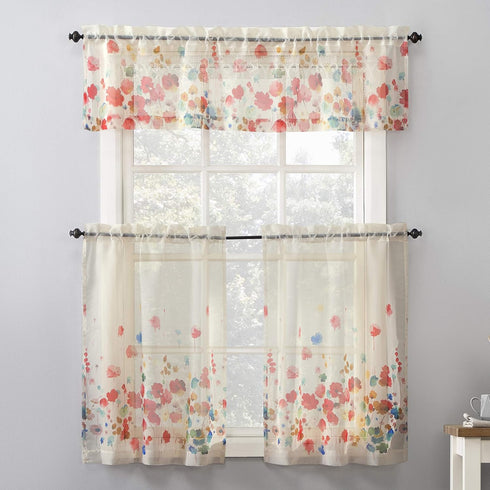 No. 918 Rosalind Watercolor Floral Semi-Sheer Rod Pocket Kitchen Curtain Valance and Tiers Set, 54" x 24", Poppy Red...