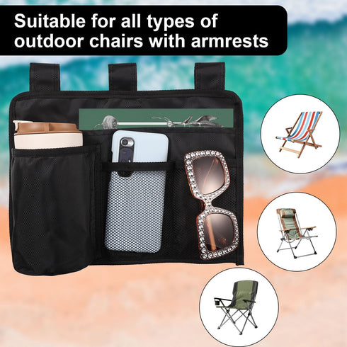 Beach Chair Cup Holder Attachment, Black Nylon Beach Chair Drink Bracket 4 Pockets Hanging Cup Holder Stand Adjustable Strap Phone Holder for Pati...
