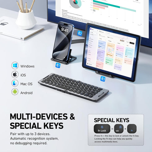 Foldable Bluetooth Keyboard with Stand Holder, Portable Wireless Phone Keyboard, Rechargeable Full Size Ultra Slim Travel Keyboard for iOS, Androi...