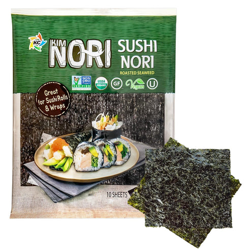 KIMNORI Sushi Nori Seaweed Sheets – 10 Full Size USDA Organic Yaki Roasted Rolls Wraps Snack 100% Natural Laver Gluten Free No MSG Non GMO Vegan K...