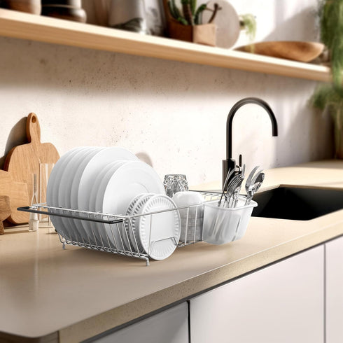 SIMPLE HOUSEWARE Large Over Sink Counter Top Stainless Steel Dish Drainer Drying Rack with Utensil Holder, Chrome...