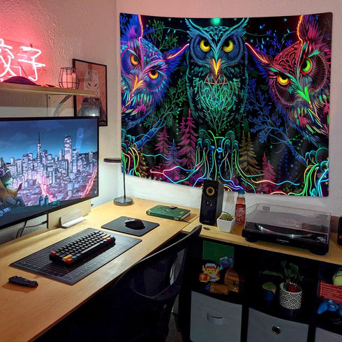 JAWO Psychedelic Owl Tapestry - Trippy Forest Line Art Wall Hanging for Bedroom, Moon Animal Bird Blacklight Tapestry (60X40 Inch)...