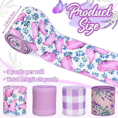 4Rolls 20 Yards Floral Wired Edge Ribbon Purple Lavender Butterfly Printed Burlap Ribbon for Gift Wrapping Wreath Bow Making Craft for Wedding Bri...