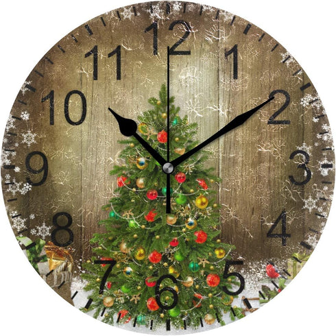 Wamika Wall Clock Christmas Tree Clock Silent Non Ticking Round Wall Clocks Decorative, Winter Rustic Wooden New Year Clocks 10 Inch Battery Opera...