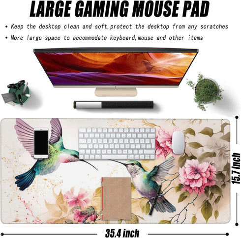 Desk Mat, Pink Flowers and Colibri Birds Extended Large Gaming Mouse Pad for Desk XXL, Non-Slip Rubber Base Stitched Edges Long Computer Keyboard ...