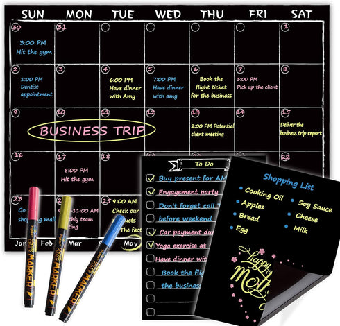 Magnetic Chalkboard Monthly Calendar with neon Bright Liquid Chalk Markers – Black Refrigerator Monthly Planning Board w/Bonus - Grocery List and ...