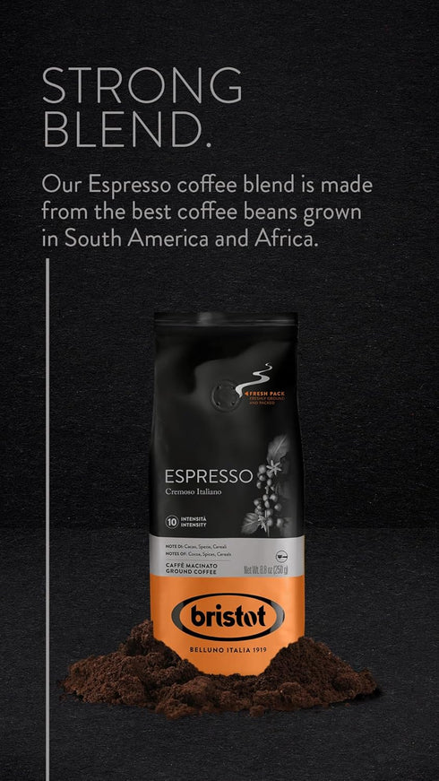 Bristot Espresso Cremoso Italiano Ground Coffee – Medium Roast, Rich & Smooth – 8.8oz (250g) Bag – Italian Ground Espresso for Home Machines...