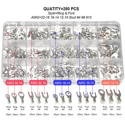 280 Pcs AWG 22-16 16-14 12-10 Ring Fork Terminals Tinned Copper Non-Insulated Electrical Wire Connectors Assortment Kit...
