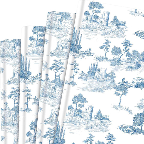 Bolsome 12Pcs French Style Wrapping Paper Blue White Vintage Village Printed Gift Wrap Paper Rustic French Toile Gift Wrap Paper for Wedding Brida...