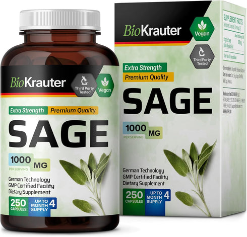 BIO KRAUTER Sage Supplement Capsules 1000 mg - 250 Vegan Caps - Supplement with Salvia Officinalis - Immune & Digestive Support - Rich in Antioxid...