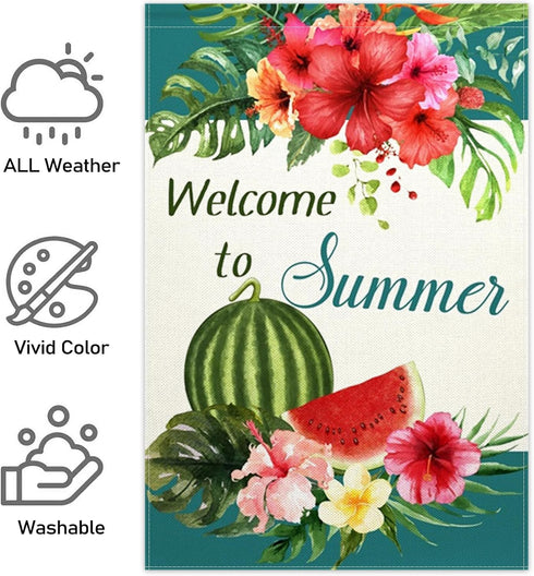 ChloropLastid Welcome to Summer Garden Flag Tropical Watermelon Palm Leaves Floral Small Double Sided Decorative Outdoor Yard Flag 12 x 18 Inch Se...