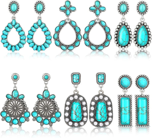 BBTO 6 Pairs Turquoise Oval Earrings Turquoise Bohemian Dangle Boho Cowboy Leather Vintage Earrings Leather Wood Teardrop Earrings Aztec Pattern T...