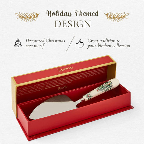 Portmeirion Christmas Tree Cake Server, 10-Inch Stainless Steel Cake Knife with Fine Porcelain Handle, Holiday Dessert Flatware, Festive Christmas...