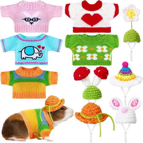 10 Pcs Guinea Pig Stuff Includes 5 Cute Mini Hats Cozy Hand Knitted Hat with Adjustable Strap and 5 Guinea Pig Clothes Small Animal Vest Sweater f...
