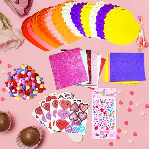MLOLM 24 Sets Valentines Hearts Foam Craft Kits DIY Heart Ornaments Valentine Craft Kits with Foam Hearts Stickers Glitter Pom-Poms for Valentine ...