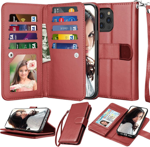 Njjex iPhone 12 Pro Max Wallet Case (2020) with 9 Card Slots, PU Leather, Detachable Kickstand, Lanyard & Magnetic Closure - Wine Red...