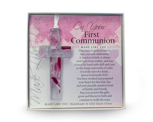 First Communion Gift for Girl - Handmade in USA Pink Mosaic Glass Cross with Sentiment...