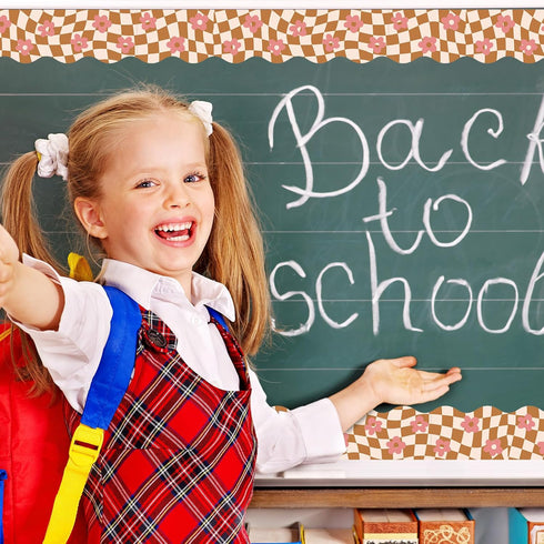 Whaline 98.4ft Retro Groovy Bulletin Board Borders Pink Brown Checkered Flower Die-Cut Rolled Bulletin Board Trim for School Classroom Office Chal...