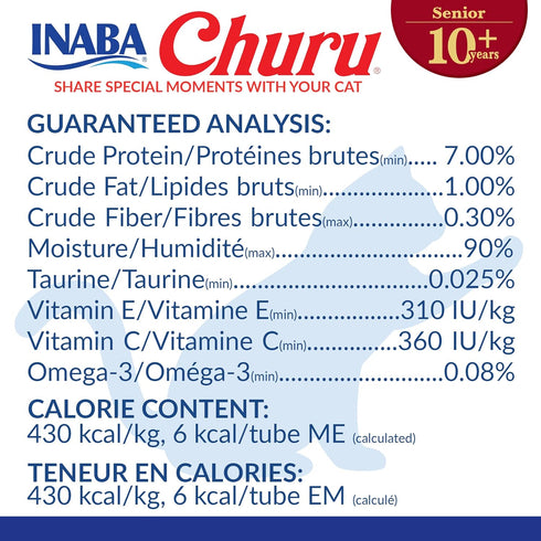 INABA Churu for Senior 10+, Creamy Lickable Cat Treats with Taurine, Vitamin E & C, 0.5 ounces Each, 24 Tubes (4 per Pack), Tuna Recipe...